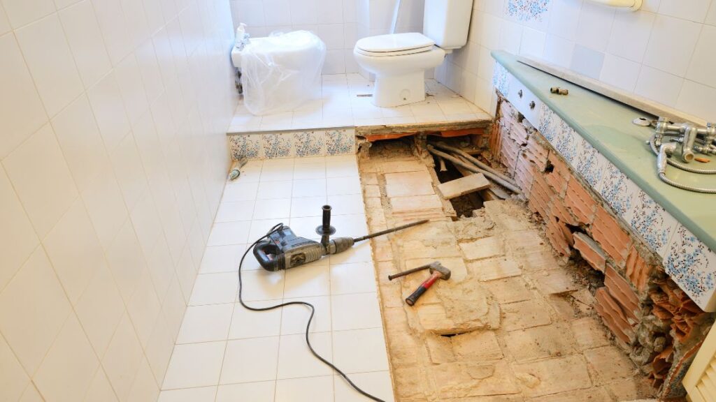 Bathroom Renovation in Progress – Flooring and Plumbing Overhaul